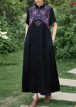 Load image into Gallery viewer, Black Bohemian Silk Dress Embroidered Stand Collar Summer