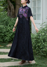 Load image into Gallery viewer, Black Bohemian Silk Dress Embroidered Stand Collar Summer