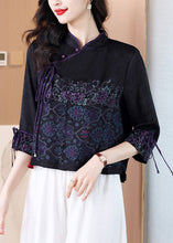 Load image into Gallery viewer, Black Button Lace Up Silk Blouses Stand Collar Bracelet Sleeve