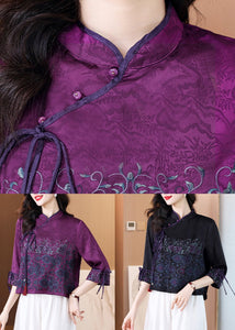 Black Button Lace Up Silk Blouses Stand Collar Bracelet Sleeve