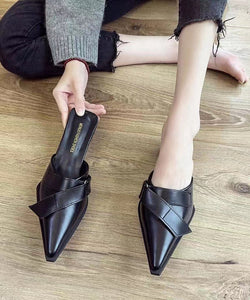 Black Chunky Faux Leather Elegant Splicing Slide Sandals Pointed Toe