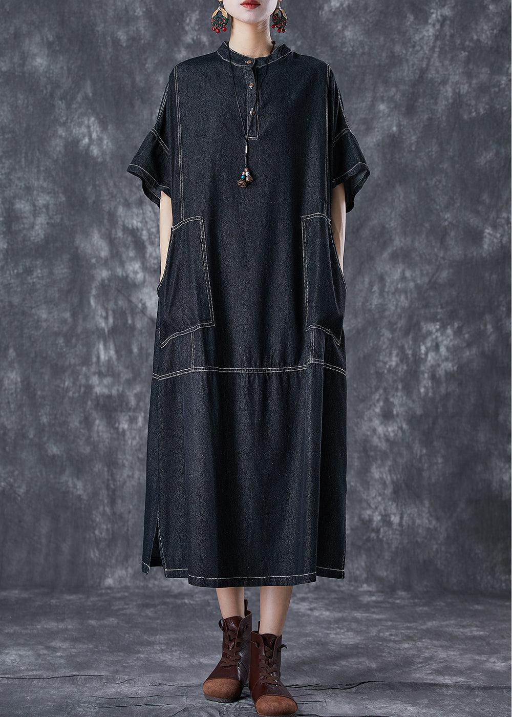 Black Denim Vacation Dresses Stand Collar Pockets Summer