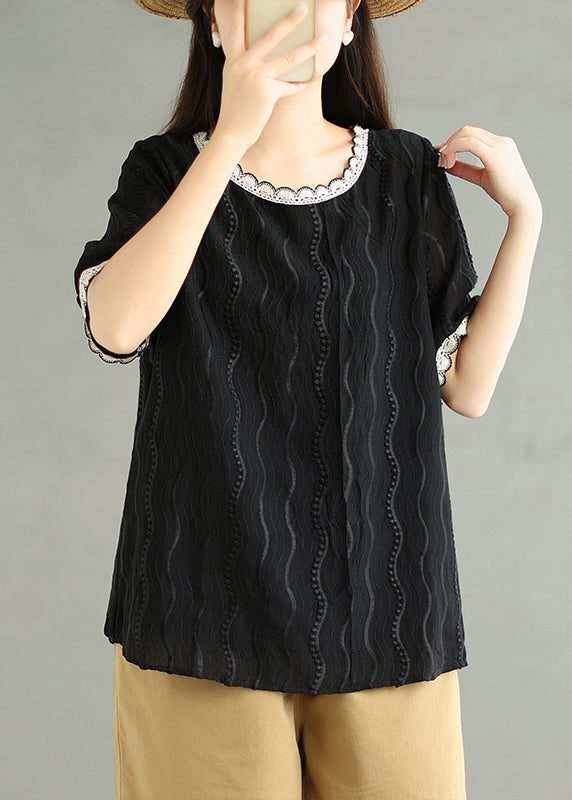 Black Embroidered Cotton Top O Neck Short Sleeve