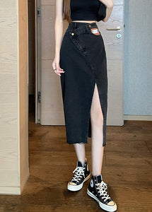 Black High Waist Pockets Button Solid Denim A Line Skirt