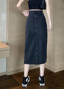 Black High Waist Pockets Button Solid Denim A Line Skirt