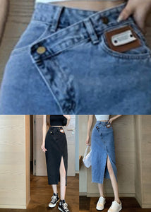 Black High Waist Pockets Button Solid Denim A Line Skirt