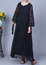 Load image into Gallery viewer, Black Hollow Out Patchwork Lace Long Dresses O-Neck Long Sleeve