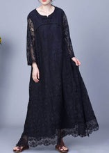 Load image into Gallery viewer, Black Hollow Out Patchwork Lace Long Dresses O-Neck Long Sleeve