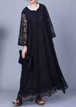 Load image into Gallery viewer, Black Hollow Out Patchwork Lace Long Dresses O-Neck Long Sleeve