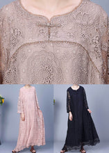 Load image into Gallery viewer, Black Hollow Out Patchwork Lace Long Dresses O-Neck Long Sleeve