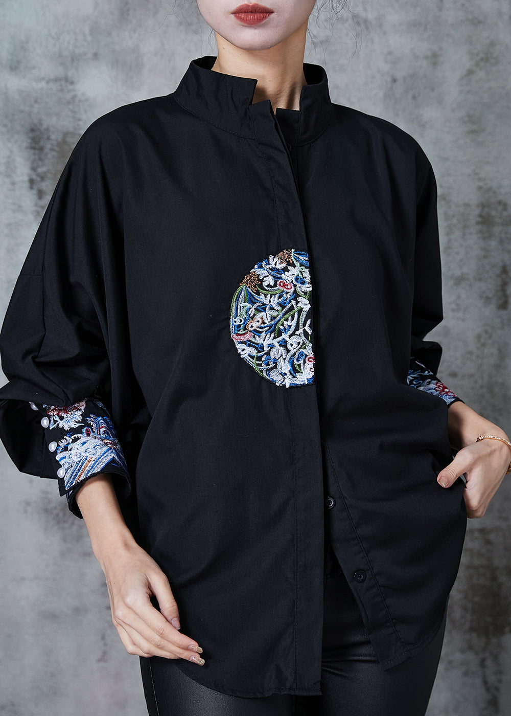 Black Loose Cotton Shirt Stand Collar Embroidered Summer