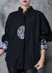 Black Loose Cotton Shirt Stand Collar Embroidered Summer