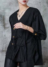 Load image into Gallery viewer, Black Loose Cotton Shirts Tasseled Chinese Button Spring