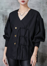 Load image into Gallery viewer, Black Loose Cotton Shirts Tasseled Chinese Button Spring