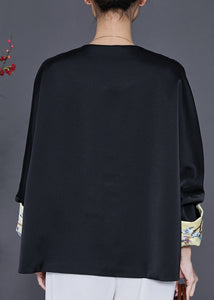 Black Oriental Silk Coat Oversized Embroidered Spring