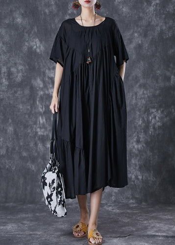 Black Oversized Cotton Dresses Asymmetrical Wrinkled Flare Sleeve