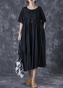 Black Oversized Cotton Dresses Asymmetrical Wrinkled Flare Sleeve