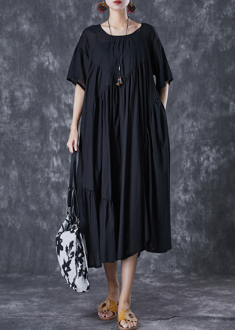 Black Oversized Cotton Dresses Asymmetrical Wrinkled Flare Sleeve