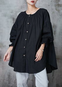 Black Oversized Cotton Shirts O-Neck Lantern Sleeve