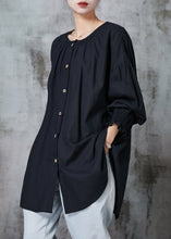 Load image into Gallery viewer, Black Oversized Cotton Shirts O-Neck Lantern Sleeve