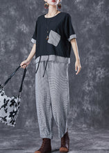 Load image into Gallery viewer, Black Patchwork Cotton Two Piece Suit Set Drawstring Plaid Summer