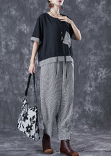 Load image into Gallery viewer, Black Patchwork Cotton Two Piece Suit Set Drawstring Plaid Summer