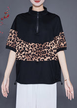 Load image into Gallery viewer, Black Patchwork Leopard Cotton Sweatshirts Top Drawstring Summer