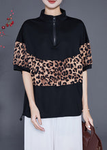 Load image into Gallery viewer, Black Patchwork Leopard Cotton Sweatshirts Top Drawstring Summer