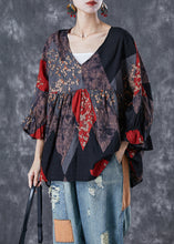 Load image into Gallery viewer, Black Patchwork Linen Top Oversized Print Flare Sleeve