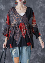 Load image into Gallery viewer, Black Patchwork Linen Top Oversized Print Flare Sleeve