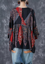 Load image into Gallery viewer, Black Patchwork Linen Top Oversized Print Flare Sleeve