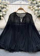 Load image into Gallery viewer, Black Patchwork Loose Chiffon Top O Neck Wrinkled Lace Up Summer