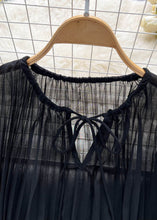 Load image into Gallery viewer, Black Patchwork Loose Chiffon Top O Neck Wrinkled Lace Up Summer