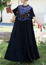 Load image into Gallery viewer, Black Patchwork Silk Long Dress Ruffled Jacquard Stand Collar Summer