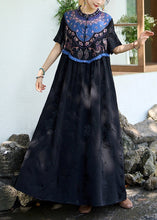 Load image into Gallery viewer, Black Patchwork Silk Long Dress Ruffled Jacquard Stand Collar Summer