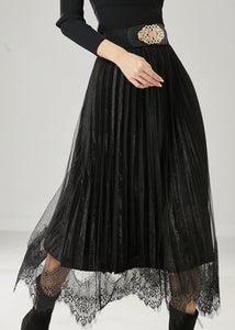 Black Patchwork Silk Velvet Pleated Skirts Exra Large Hem Spring