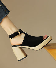 Load image into Gallery viewer, Black Peep Toe Buckle Strap Splicing Suede Chunky High Heels