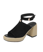 Load image into Gallery viewer, Black Peep Toe Buckle Strap Splicing Suede Chunky High Heels