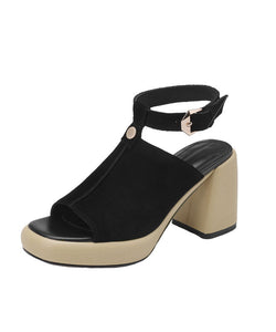 Black Peep Toe Buckle Strap Splicing Suede Chunky High Heels