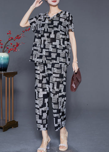 Black Plaid Chiffon Two Piece Suit Set V Neck Summer