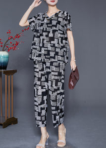 Black Plaid Chiffon Two Piece Suit Set V Neck Summer