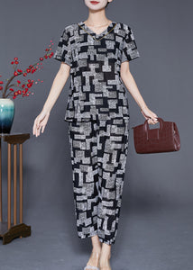 Black Plaid Chiffon Two Piece Suit Set V Neck Summer