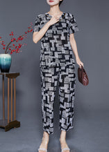 Load image into Gallery viewer, Black Plaid Chiffon Two Piece Suit Set V Neck Summer