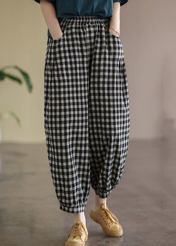 Black Plaid Pockets Plus Size Linen High Waist Crop Pants Summer