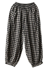 Load image into Gallery viewer, Black Plaid Pockets Plus Size Linen High Waist Crop Pants Summer