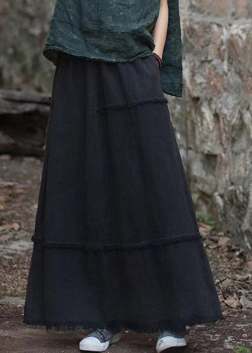 Black Pockets Patchwork Linen Maxi Skirt Elastic Waist Spring