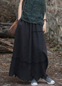 Black Pockets Patchwork Linen Maxi Skirt Elastic Waist Spring