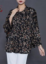 Load image into Gallery viewer, Black Print Chiffon Blouses Peter Pan Collar Summer