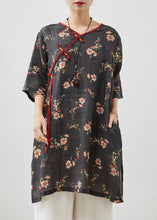 Load image into Gallery viewer, Black Print Linen Dress Tasseled Chinese Button Summer