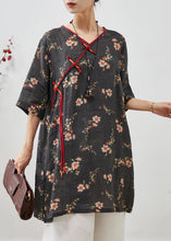 Load image into Gallery viewer, Black Print Linen Dress Tasseled Chinese Button Summer